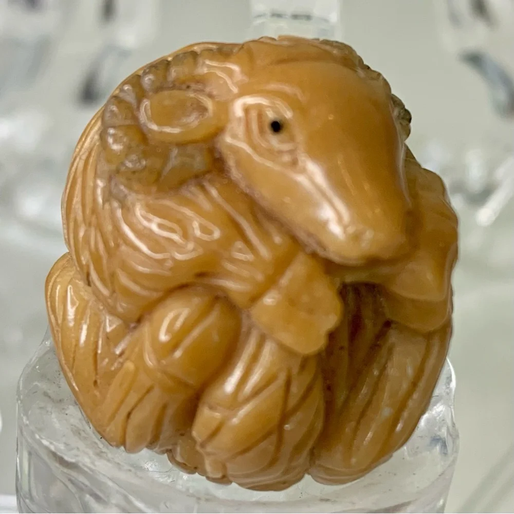 Vintage NETSUKE Carved Tagua Nut Ram Sheep Animal Carving Bead Figurine Japanese
